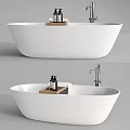 White Freestanding Bathtub With Wooden Tray Toiletries And Chrome Faucet