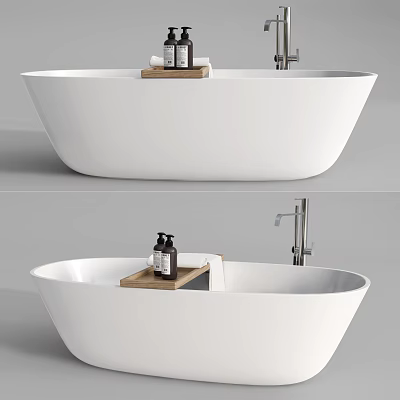 White Freestanding Bathtub With Wooden Tray Toiletries And Chrome Faucet 3d model