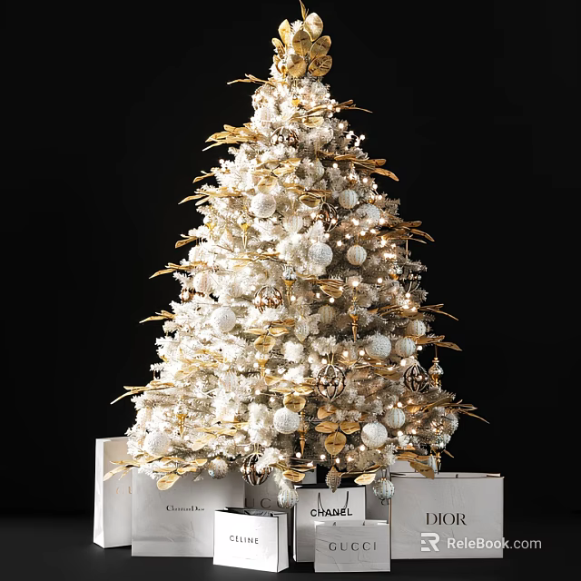 White And Gold Decorated Tree With Ornaments And Leaves On White Boxes Against Black Background 3d model 