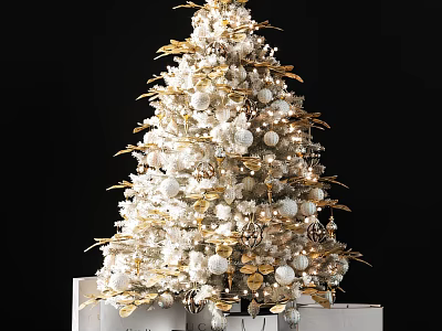 White And Gold Decorated Tree With Ornaments And Leaves On White Boxes Against Black Background 3d model