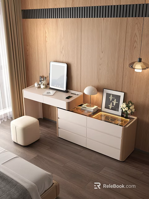 Stylish Dressing Table Interior With Mirror Table Lamp Picture Frame Vase With Flowers And Stool 3d model 