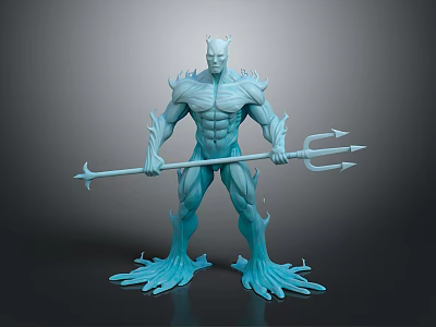 Blue Muscular Humanoid Figure Holding Trident With Root Like Feet 3d model