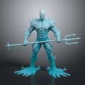 Blue Muscular Humanoid Figure Holding Trident With Root Like Feet