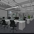 Modern Public Office Space With Open Layout Desks Computers Green Plants And City View Windows 3d model