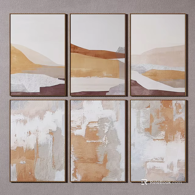 Modern Abstract Wall Art Set Featuring Beige Brown and White Neutral Tones 3d model