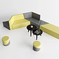 Modern Yellow Grey Sofa Coffee Table Set With Round Stools And Black Tables 3d model
