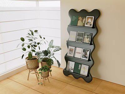 Black Wavy Bookcase With Books And Photos In Interior With Plants Window And Wooden Floor 3d model