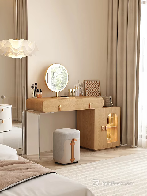 Wooden Dressing Table with Round Mirror Skincare Products Makeup Brushes Checkerboard Frame and Gray Stool 3d model 