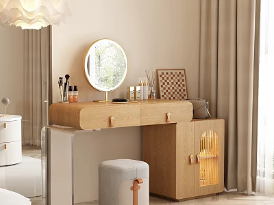 Wooden Dressing Table with Round Mirror Skincare Products Makeup Brushes Checkerboard Frame and Gray Stool 3d model