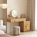 Wooden Dressing Table with Round Mirror Skincare Products Makeup Brushes Checkerboard Frame and Gray Stool
