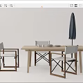 Modern Wooden Dining Table Set With Four Gray Chairs And Black Umbrella