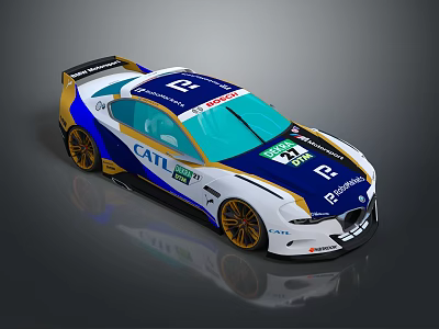 Blue And White Racing Car With CAT BMW Logos Gold Wheels And Green Windows 3d model