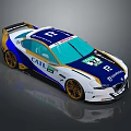 Blue And White Racing Car With CAT BMW Logos Gold Wheels And Green Windows