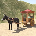 Traditional Donkey Drawn Carriage With Red Canopy Wooden Structure Against Green Hills And Sandy Ground