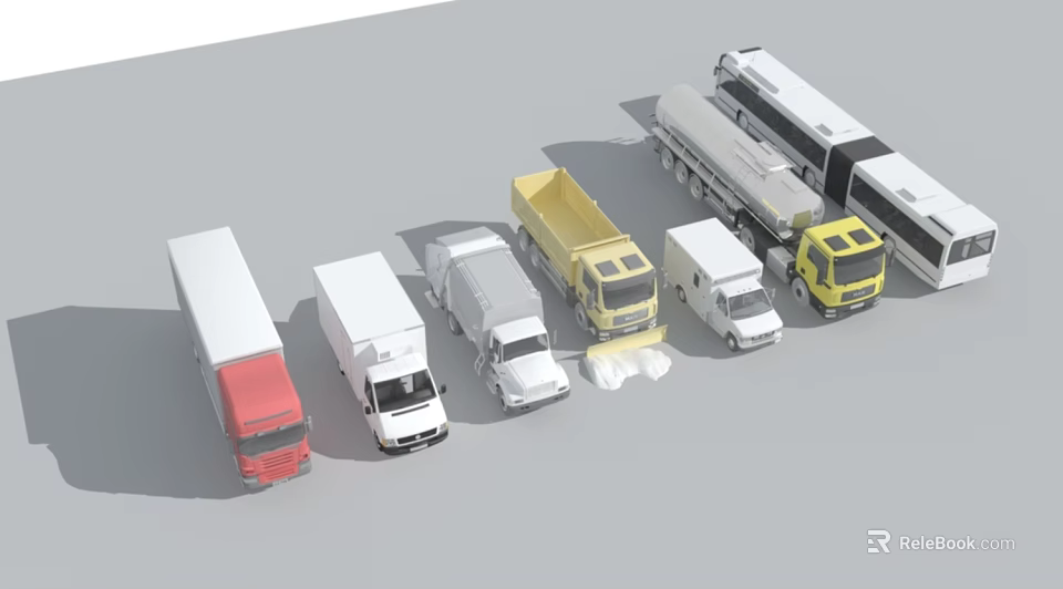 Different Types of Commercial Trucks Including Vans and Dump Trucks in Various Colors 3d model 