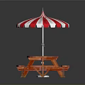 Outdoor Wooden Picnic Table Furniture With Round Tabletop Red White Striped Umbrella And Benches