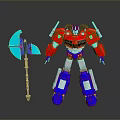 Red And Blue Robot Action Figure With Blue Axe Weapon