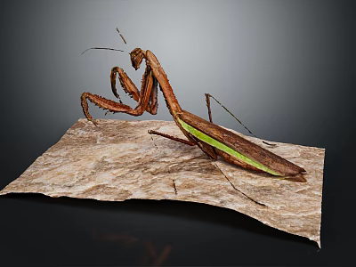 Brown Mantis With Green Stripe Standing On Textured Paper Surface In Natural Pose 3d model