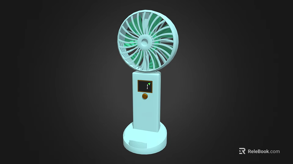 Portable Desktop Electric Fan with White Base Green White Blades Digital Display and Control Button 3d model 