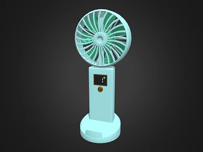 Portable Desktop Electric Fan with White Base Green White Blades Digital Display and Control Button 3d model