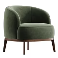 Brown Upholstered Single Sofa with Curved Backrest Armrest and Wooden Legs