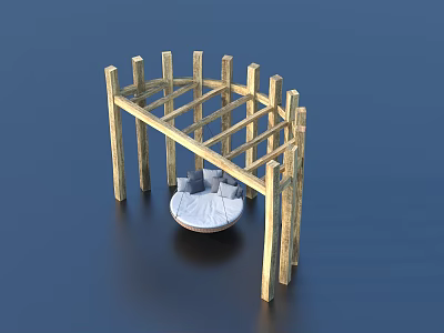 Outdoor Wooden Landscape Pavilion Featuring Round Sofa And Blue Cushions 3d model