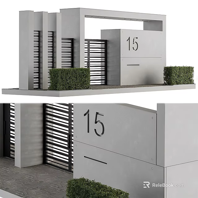 Modern Entrance Gate With Number 15 Grey Concrete Structure And Metal Slatted Design 3d model 