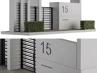 Modern Entrance Gate With Number 15 Grey Concrete Structure And Metal Slatted Design 3d model