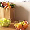 Fresh Fruits with Green Apples Oranges Bananas Grapes in Brown Paper Bag and Glass Bowls