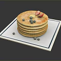 Stack of Golden Pancakes on White Square Plate with Fresh Strawberry and Blueberries
