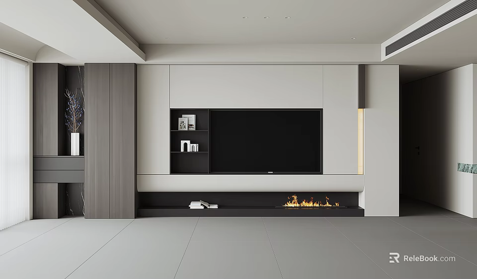 Modern TV Wall Design With Wooden Accents White Panels Floating Shelves And Fireplace 3d model 