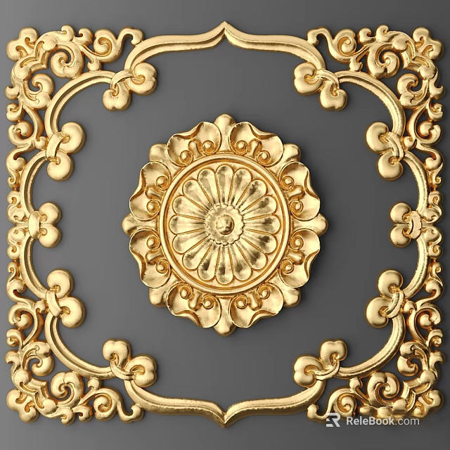 Golden Decorative Components With Central Floral Pattern And Ornate Borders 3d model 
