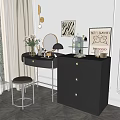Black Dressing Table With Gold Accents Mirror Stool Table Lamp And Flower Vase