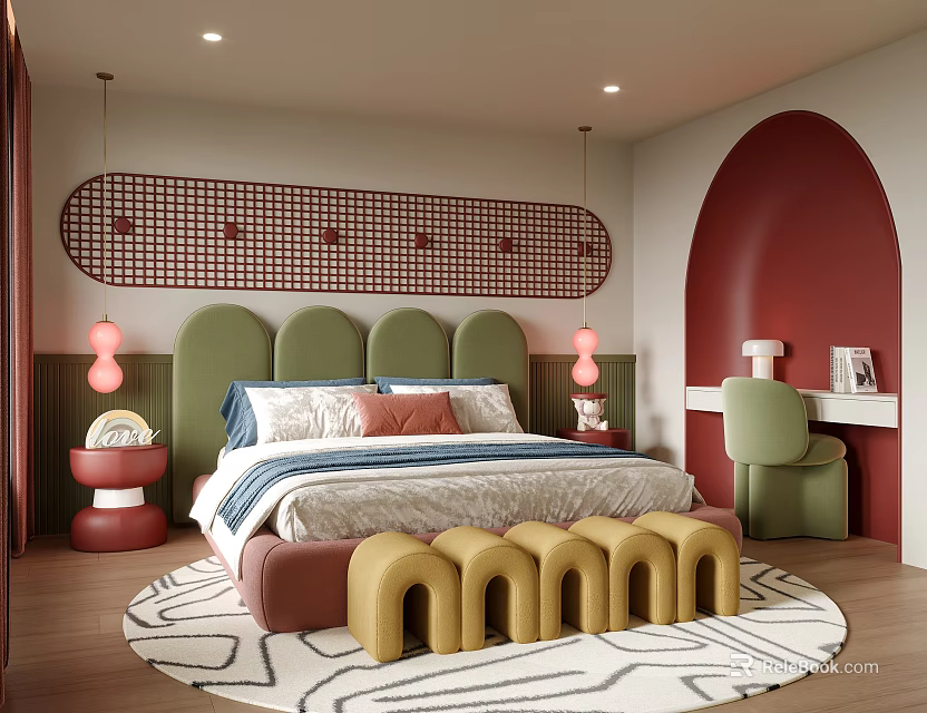 Playful Children's Bed with Green Headboard Yellow Arch Bench Red Curved Wall and Round Rug 3d model 