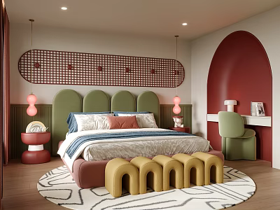 Playful Children's Bed with Green Headboard Yellow Arch Bench Red Curved Wall and Round Rug 3d model