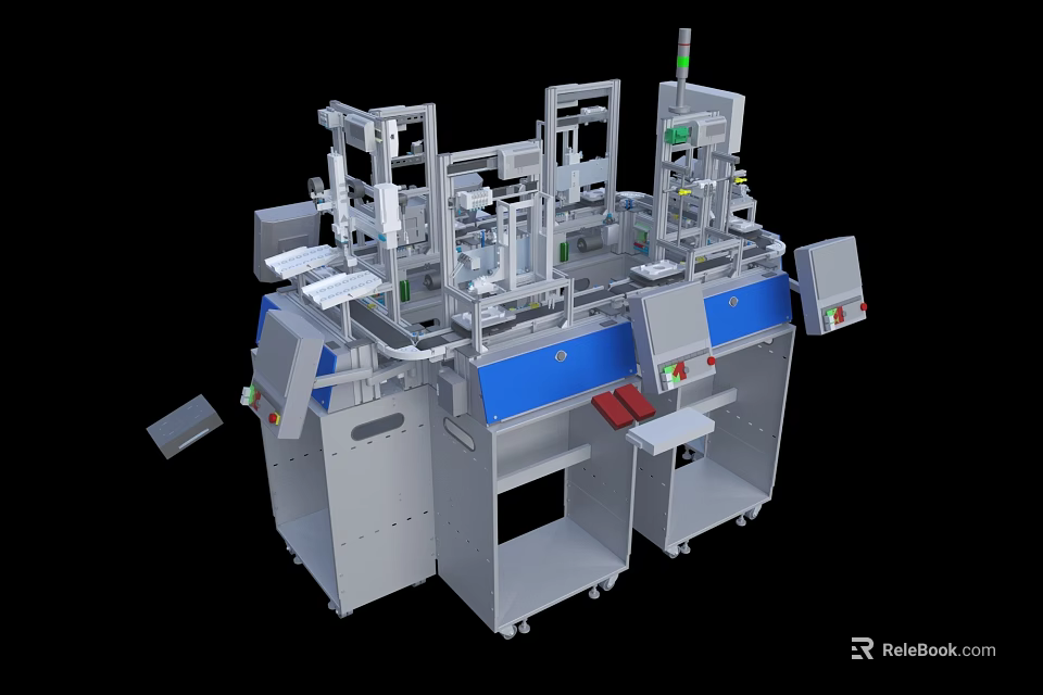 Automated Industrial Equipment With Multiple Robotic Arms And Control Panels 3d model 