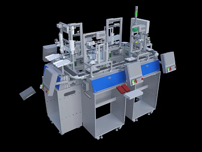 Automated Industrial Equipment With Multiple Robotic Arms And Control Panels 3d model