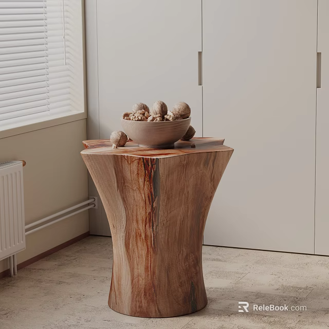 Natural Wooden Side Table With Bowl Of Walnuts In Room With White Cabinets 3d model 