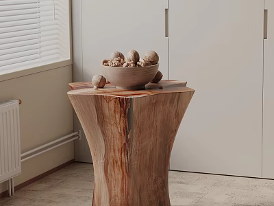Natural Wooden Side Table With Bowl Of Walnuts In Room With White Cabinets 3d model