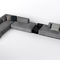 L shaped Gray Sectional Sofa With Multiple Pillows Side Table And Throw Blanket 3d model