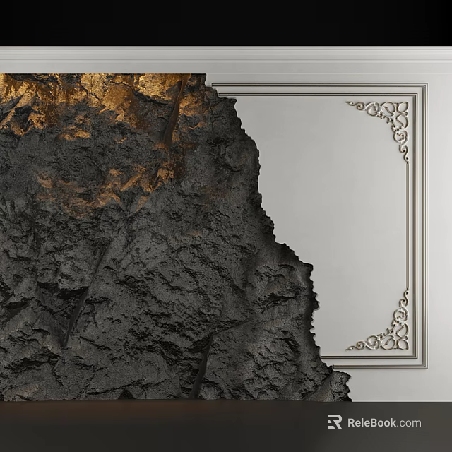 White Background Wall with Golden Carved Border and Black Rock Texture Chipping Revealing Behind 3d model 