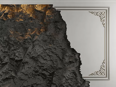White Background Wall with Golden Carved Border and Black Rock Texture Chipping Revealing Behind 3d model