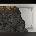 White Background Wall with Golden Carved Border and Black Rock Texture Chipping Revealing Behind