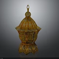 Ornate Golden Decorative Vessel With Intricate Carvings Lid And Base