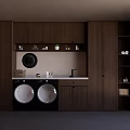 Two Black Washing Machines in Modern Laundry Room With Wooden Cabinets and White Tile Wall
