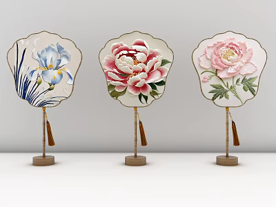 Decorative Fans With Floral Patterns Peony Iris And Tassel On Wooden Stands 3d model