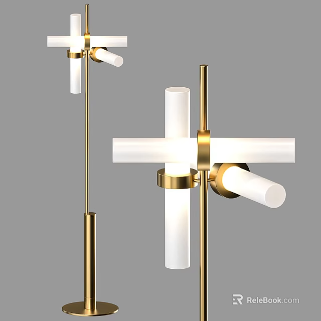 Modern Brass Floor Lamp With White Cylindrical Shades And Adjustable Metal Arms 3d model 