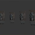 Four Black Vintage Train Models Arranged in a Row on White Background