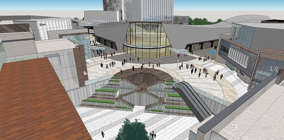 Modern Urban Plaza With Glass Curtain Wall Buildings People And Stepped Design 3d model 