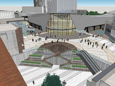 Modern Urban Plaza With Glass Curtain Wall Buildings People And Stepped Design 3d model